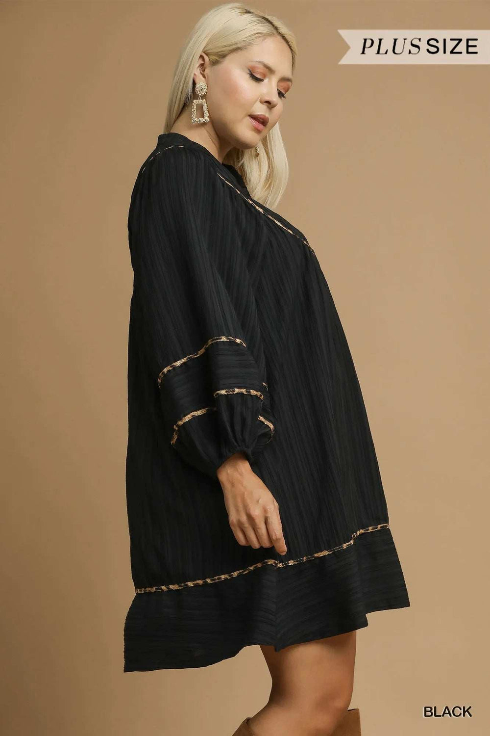 Umgee Full Size Textured Babydoll Dress with Leopard Trim Plus Size - Trendsi - Flyclothing LLC