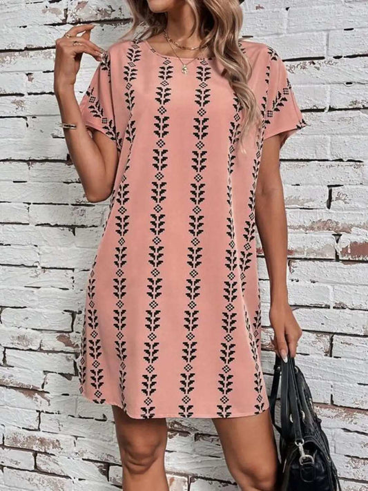 Printed Round Neck Short Sleeve Dress - Trendsi - Flyclothing LLC