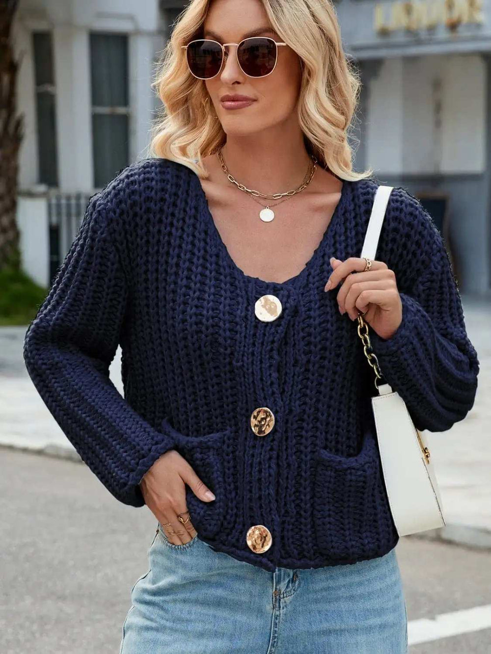 Round Neck Button Up Cardigan with Pockets - Trendsi - Flyclothing LLC