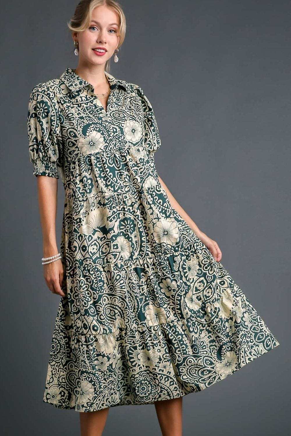 Umgee Full Size Printed Smocked Cuff Puff Sleeve Midi Dress Plus Size - Trendsi - Flyclothing LLC