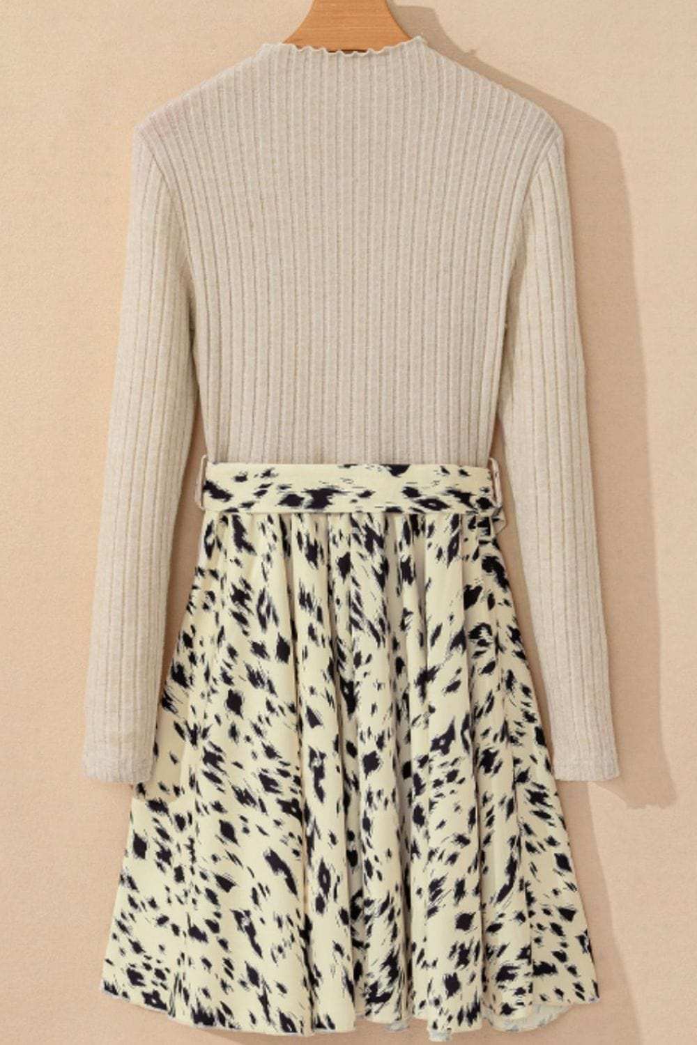 Printed Tie Waist Mock Neck Long Sleeve Dress - Trendsi - Flyclothing LLC