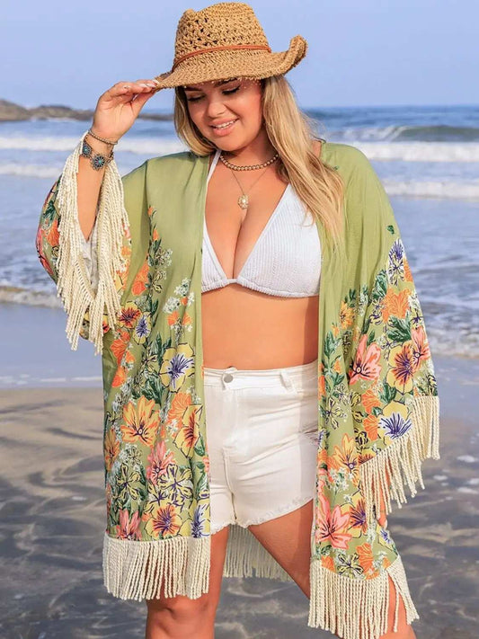 Plus Size Fringe Open Front Cover-Up - Trendsi - Flyclothing LLC