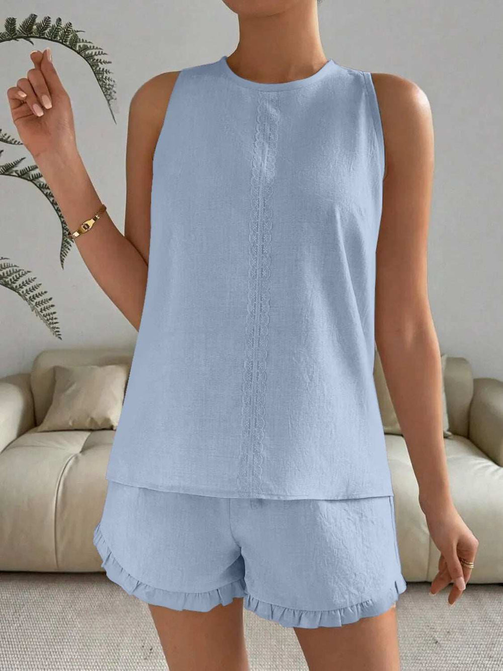 Lace Detail Round Neck Tank and Shorts Set - Trendsi - Flyclothing LLC