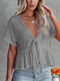 Tied Plunge Short Sleeve Blouse - Trendsi - Flyclothing LLC