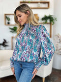 Double Take Full Size Printed Smocked Long Sleeve Blouse - Trendsi - Flyclothing LLC
