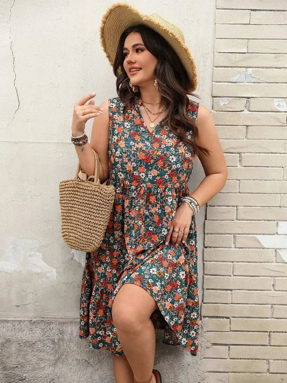 Plus Size Floral Notched Sleeveless Dress - Trendsi - Flyclothing LLC