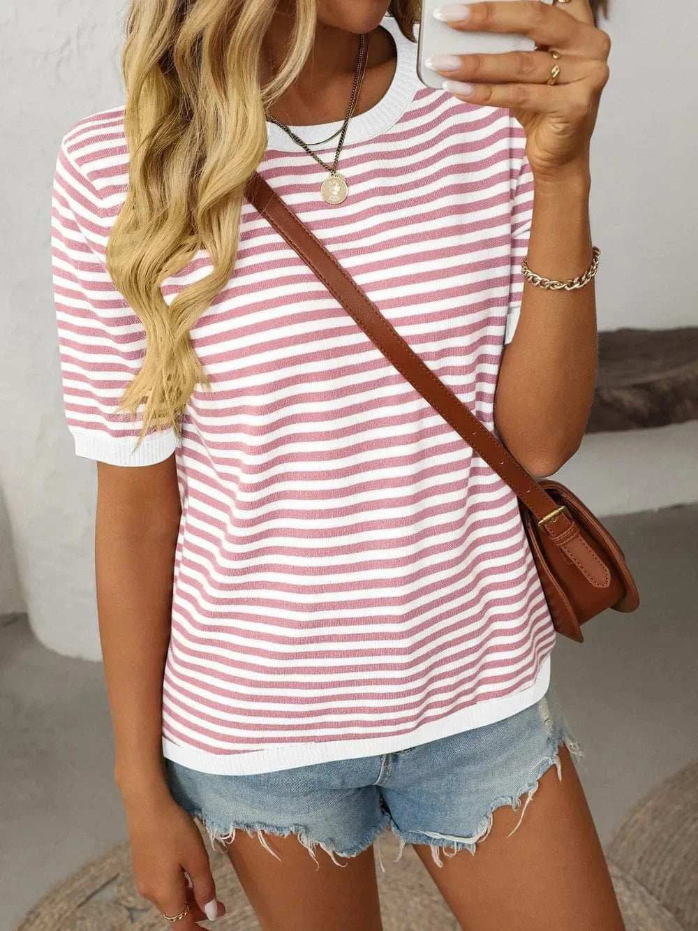 Mandy Striped Round Neck Half Sleeve Knit Top - Trendsi - Flyclothing LLC