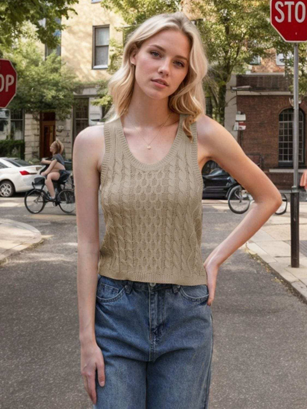 Cable-Knit V-Neck Knit Tank - Trendsi - Flyclothing LLC