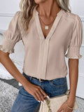 Notched Short Sleeve Blouse - Trendsi - Flyclothing LLC