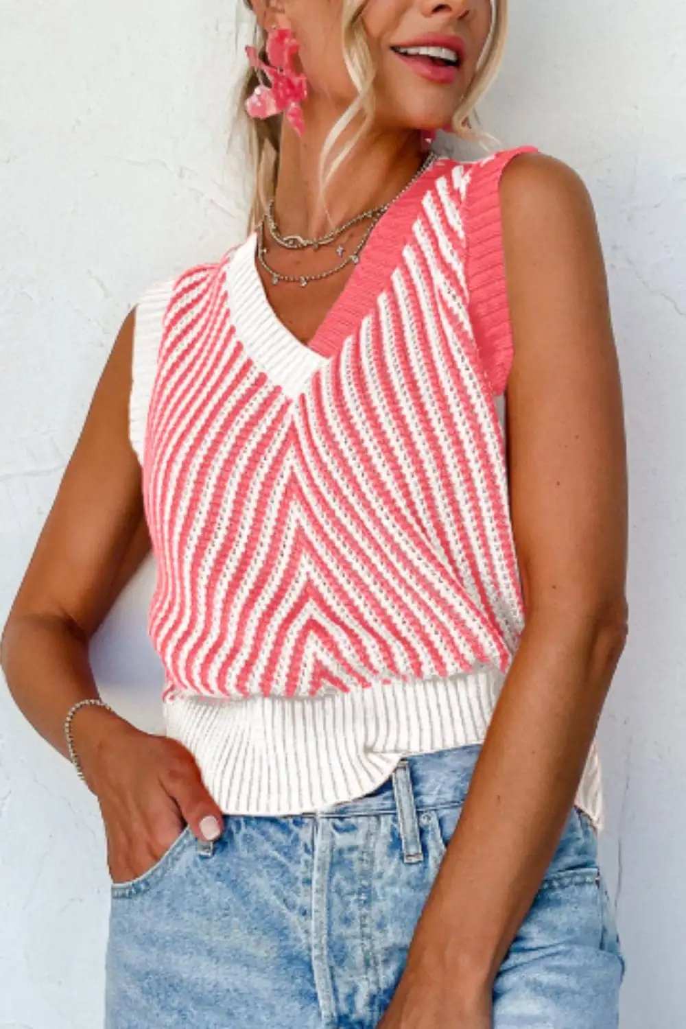 Striped Contrast V-Neck Sweater Vest - Trendsi - Flyclothing LLC