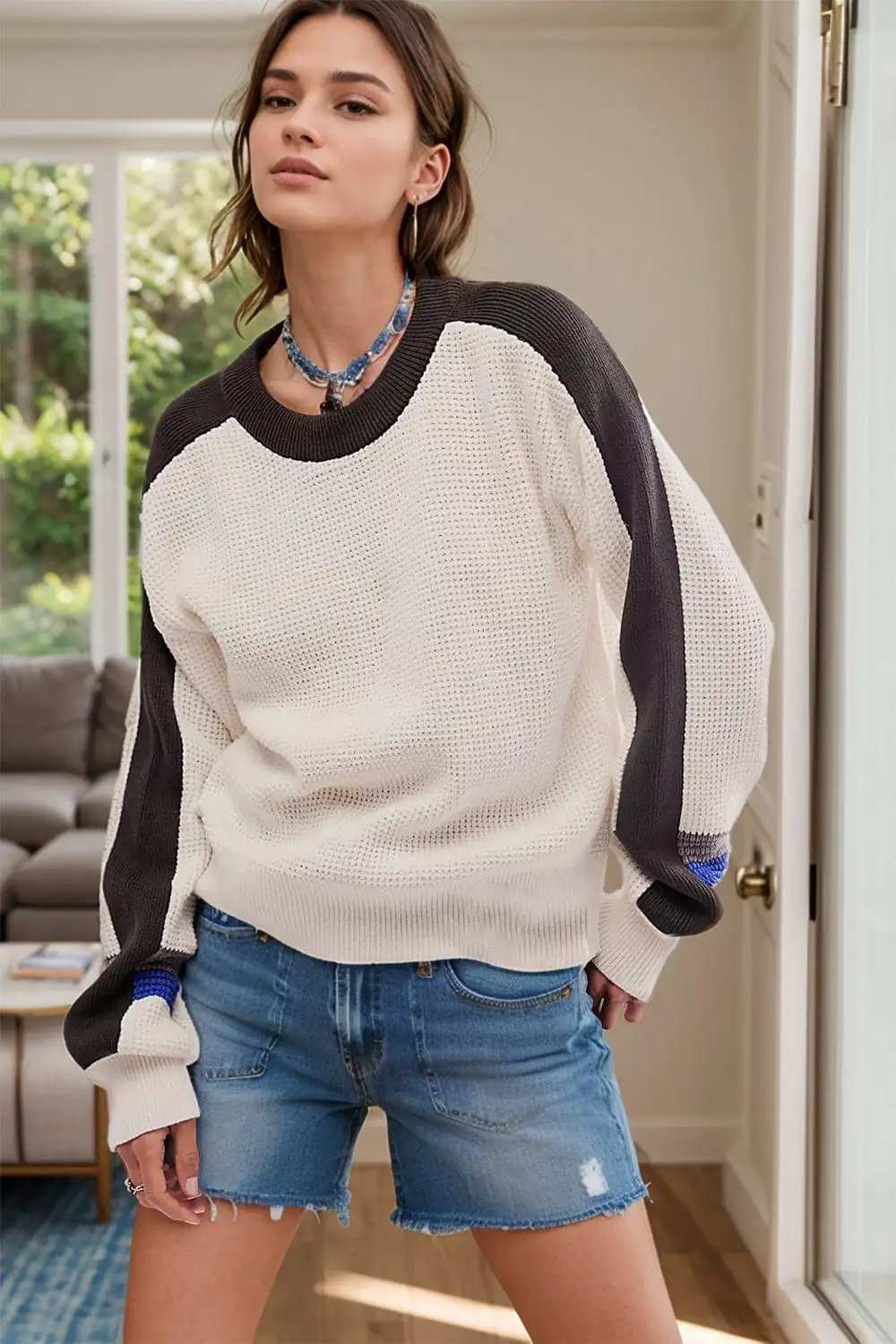 Waffle-Knit Contrast Round Neck Sweater - Trendsi - Flyclothing LLC