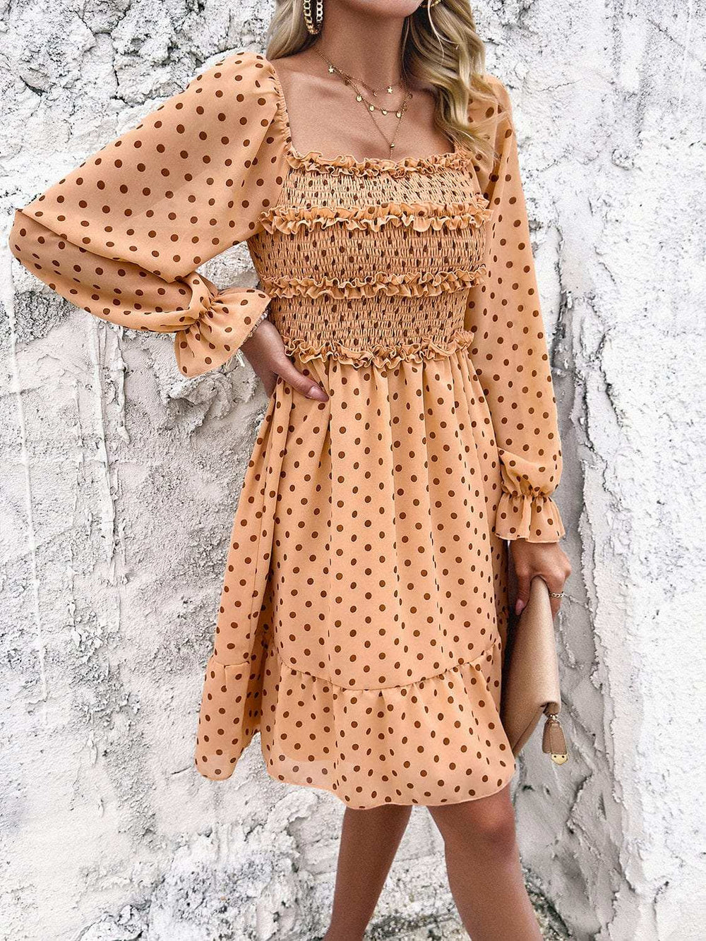Smocked Polka Dot Long Sleeve Dress - Trendsi - Flyclothing LLC