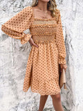 Smocked Polka Dot Long Sleeve Dress - Trendsi - Flyclothing LLC