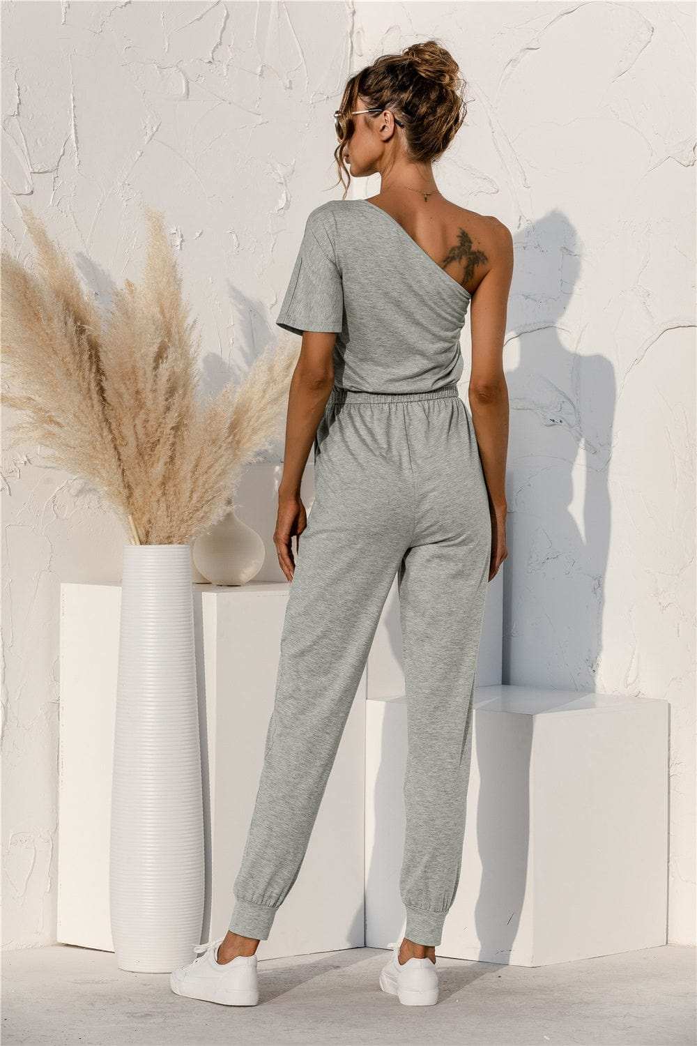 Single Shoulder Short Sleeve Jumpsuit - Trendsi - Flyclothing LLC