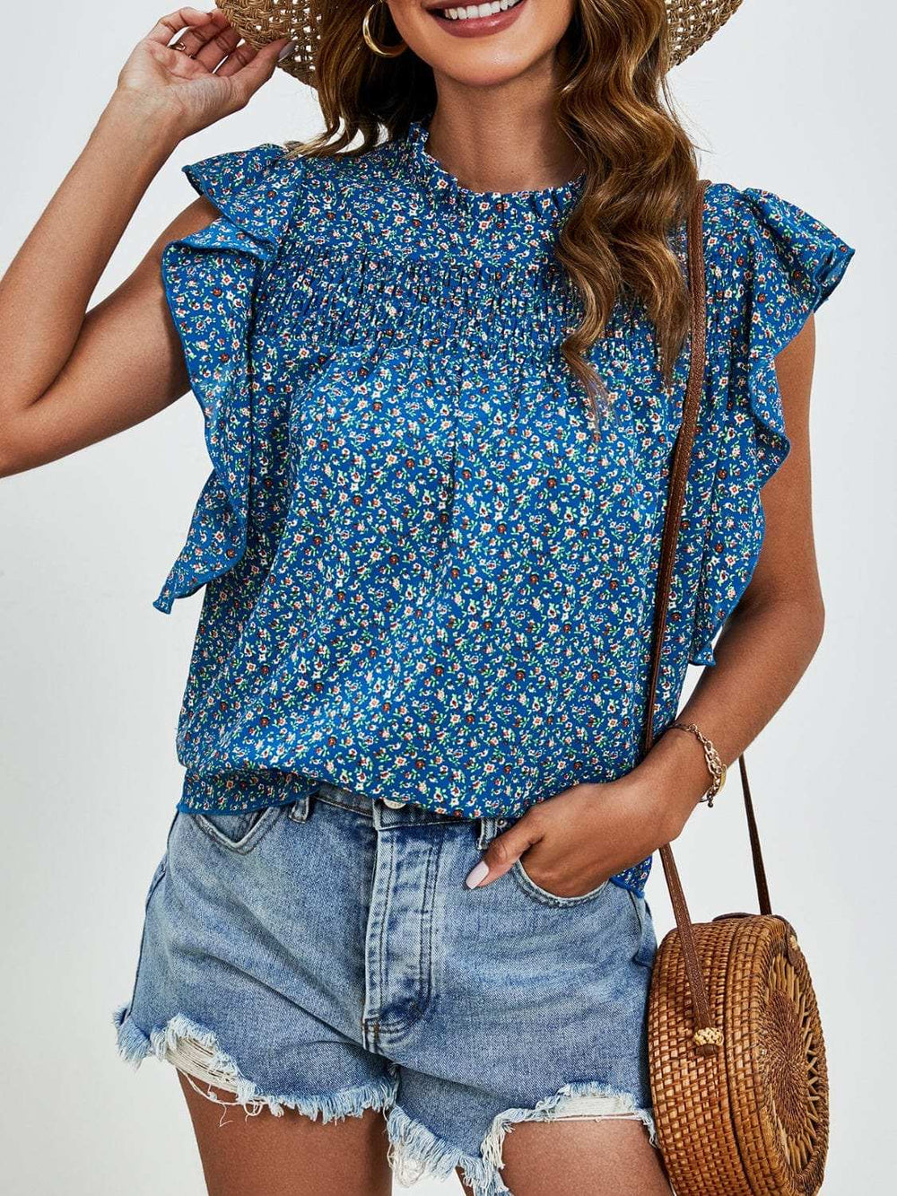 Ruffled Ditsy Floral Mock Neck Cap Sleeve Blouse - Trendsi - Flyclothing LLC