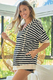 BiBi Stripe Fleece Notch Neck Short Sleeve Hoodie - Trendsi - Flyclothing LLC