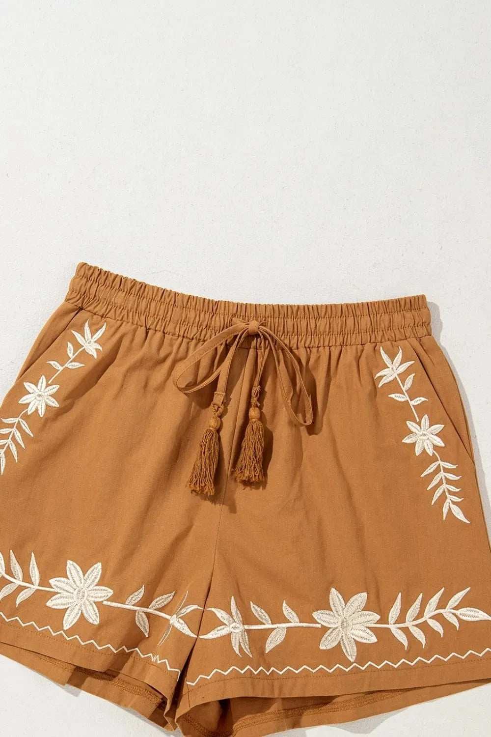 Embroidered Boho Tasseled Drawstring Elastic Waist Casual Shorts - Trendsi - Flyclothing LLC