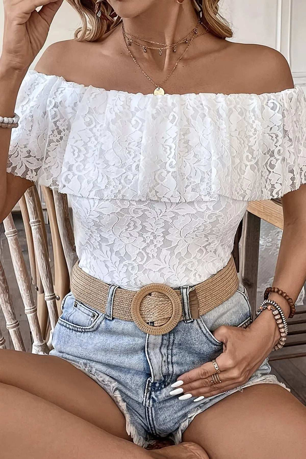 Off Shoulder Lace Ruffle Blouse - Trendsi - Flyclothing LLC