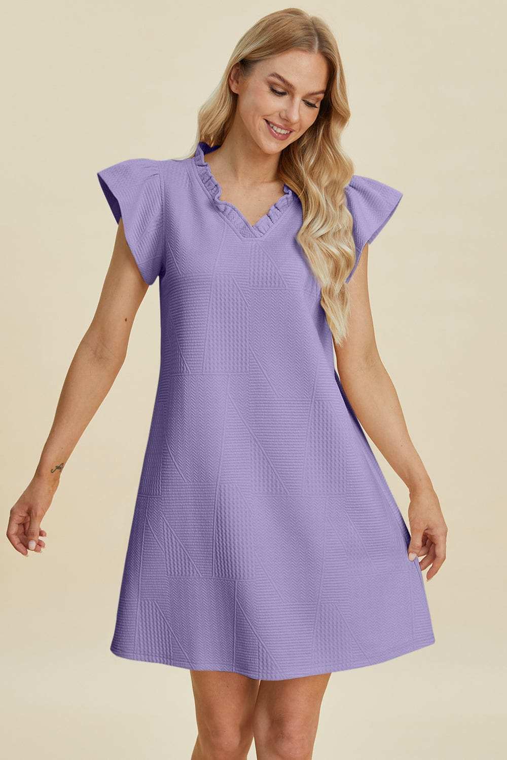Double Take Full Size Ruffled V-Neck Cap Sleeve Dress - Trendsi - Flyclothing LLC