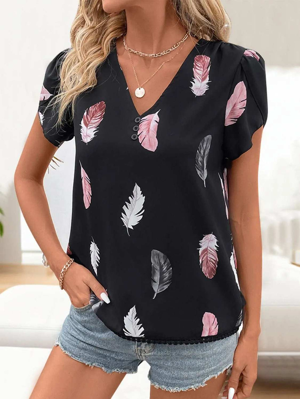 Printed V-Neck Short Sleeve Blouse - Trendsi - Flyclothing LLC