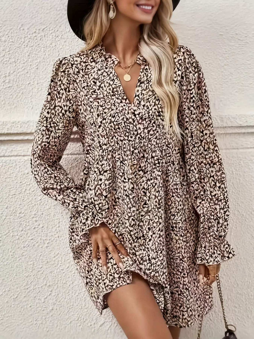 Notched Flounce Sleeve Mini Dress - Trendsi - Flyclothing LLC