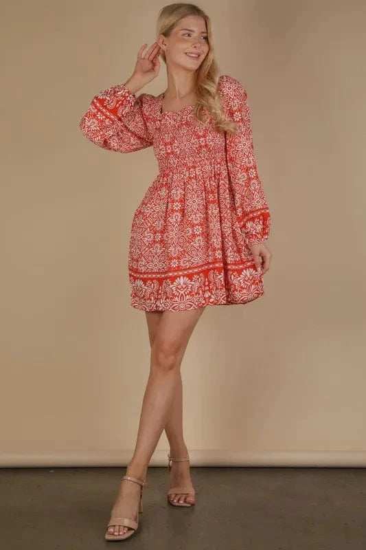 VERY J Printed Smocked Chest Boho Mini Dress - Trendsi - Flyclothing LLC