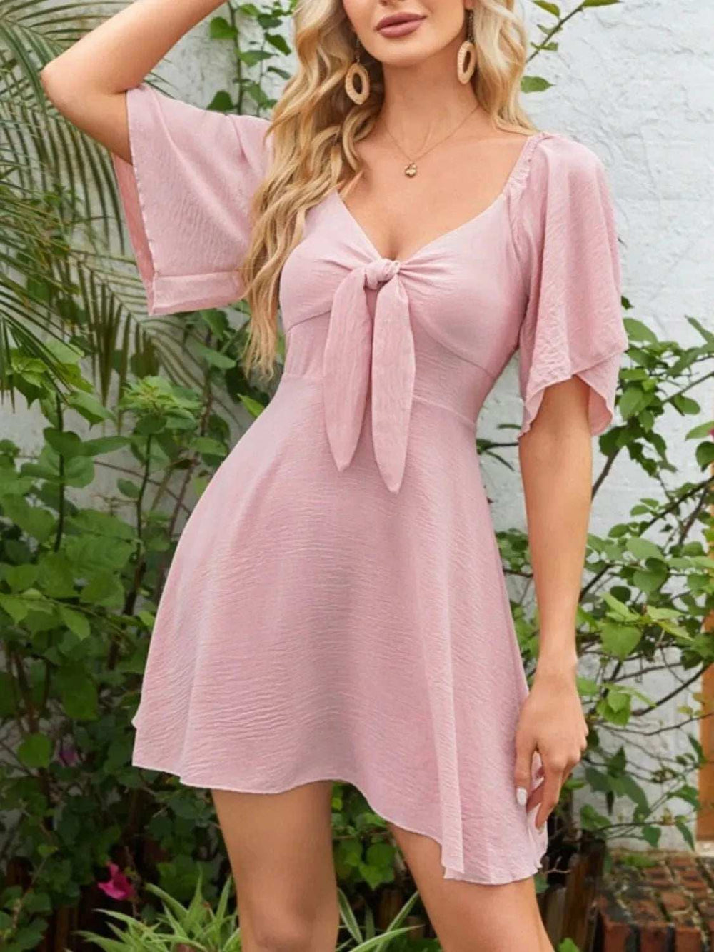 Smocked Back Knotted Flutter Sleeve Dress - Trendsi - Flyclothing LLC