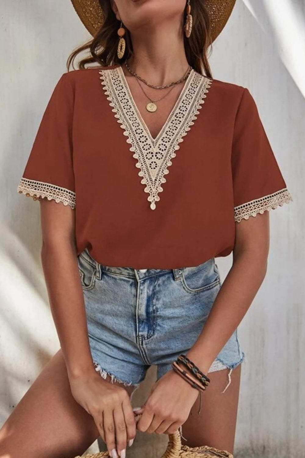 Full Size Lace Detail V-Neck Short Sleeve Blouse - Trendsi - Flyclothing LLC