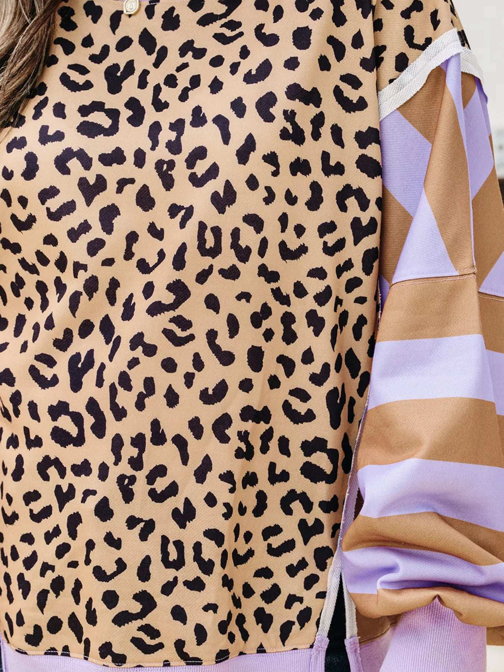 Stripe Color Block Patchwork Leopard Casual Sweatshirt with Slits - Trendsi - Flyclothing LLC