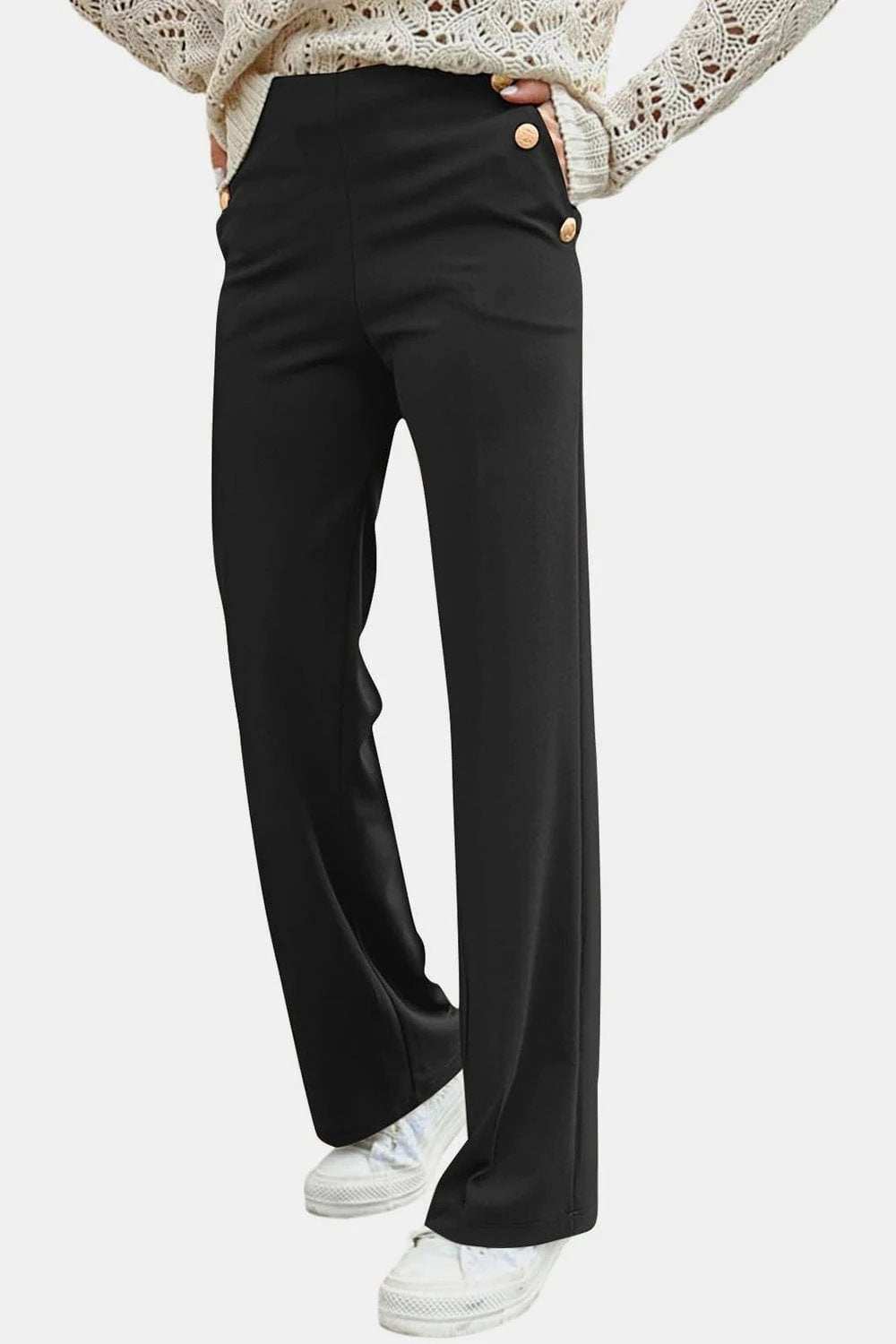 Decorative Button High Rise Pants - Trendsi - Flyclothing LLC