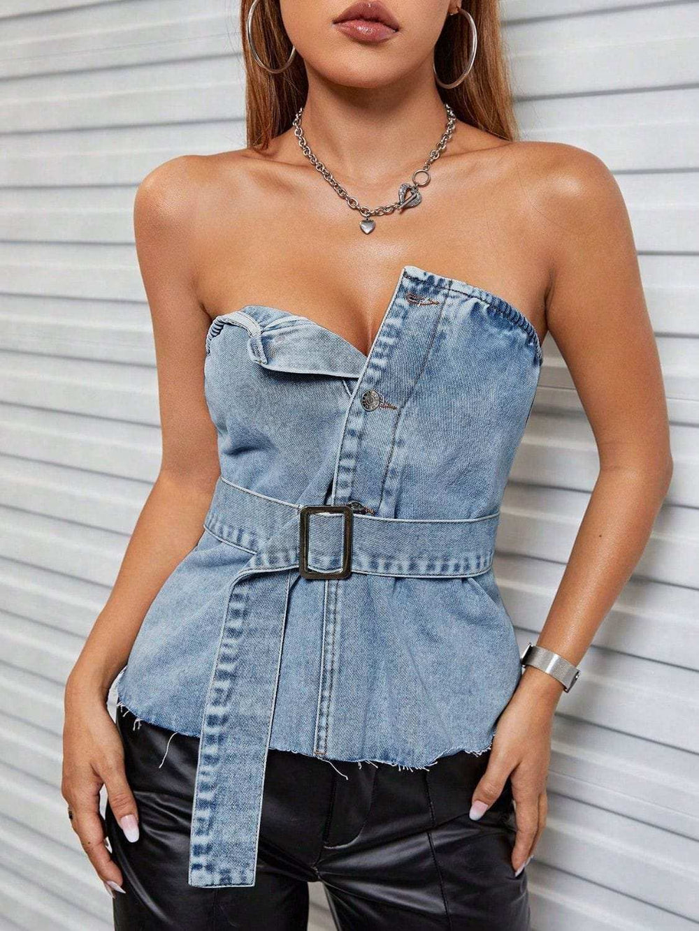 Frayed Hem Button Detail Tube Top - Trendsi - Flyclothing LLC