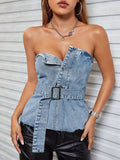 Frayed Hem Button Detail Tube Top - Trendsi - Flyclothing LLC