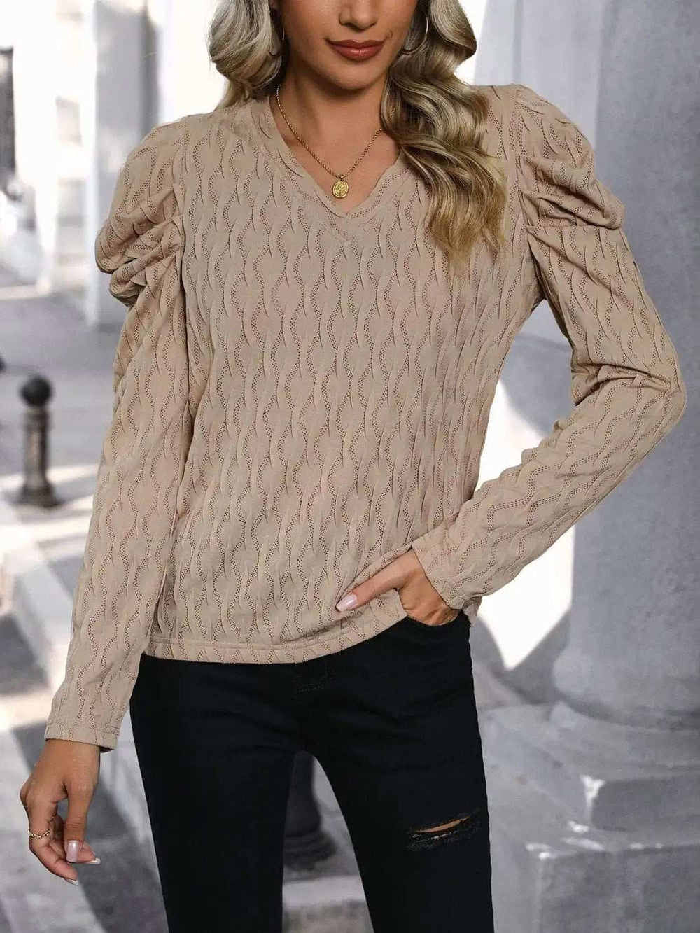 Textured V-Neck Long Sleeve Top - Trendsi - Flyclothing LLC