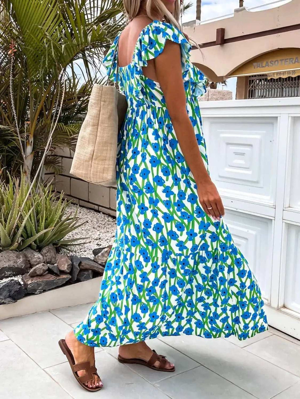 Ruffled Printed Cap Sleeve Midi Dress - Trendsi - Flyclothing LLC
