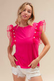 BiBi Pearl Decor Mesh Ruffle Sleeve Top - Trendsi - Flyclothing LLC