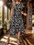 Printed Round Neck Flutter Sleeve Midi Dress - Trendsi - Flyclothing LLC