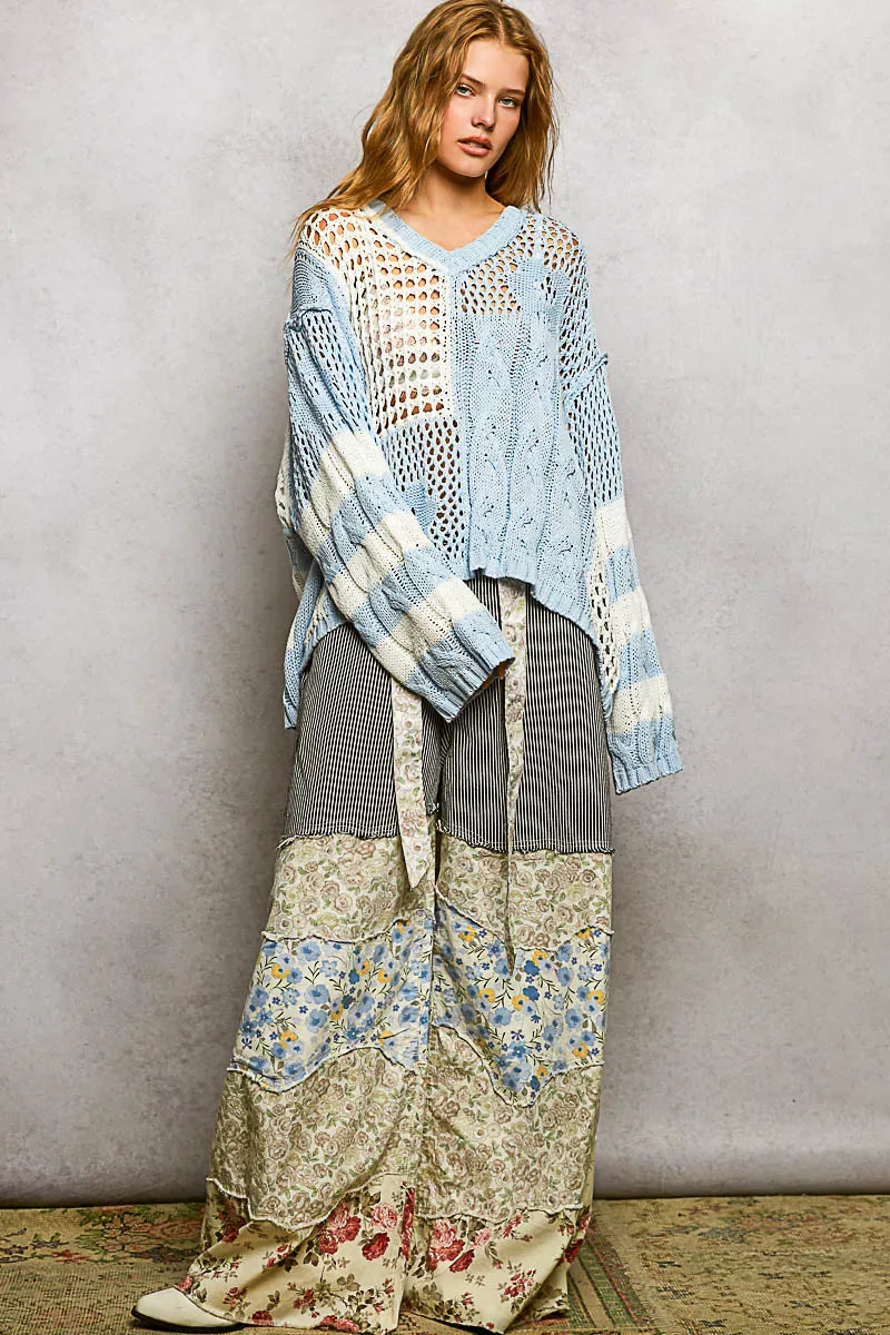 POL Color-Blocked Stripe Pattern Knit Top with Twisted Weave - Trendsi - Flyclothing LLC