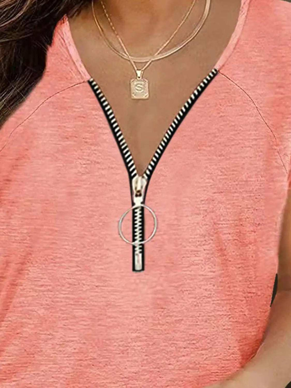 Full Size Half Zip Cap Sleeve T-Shirt - Trendsi - Flyclothing LLC