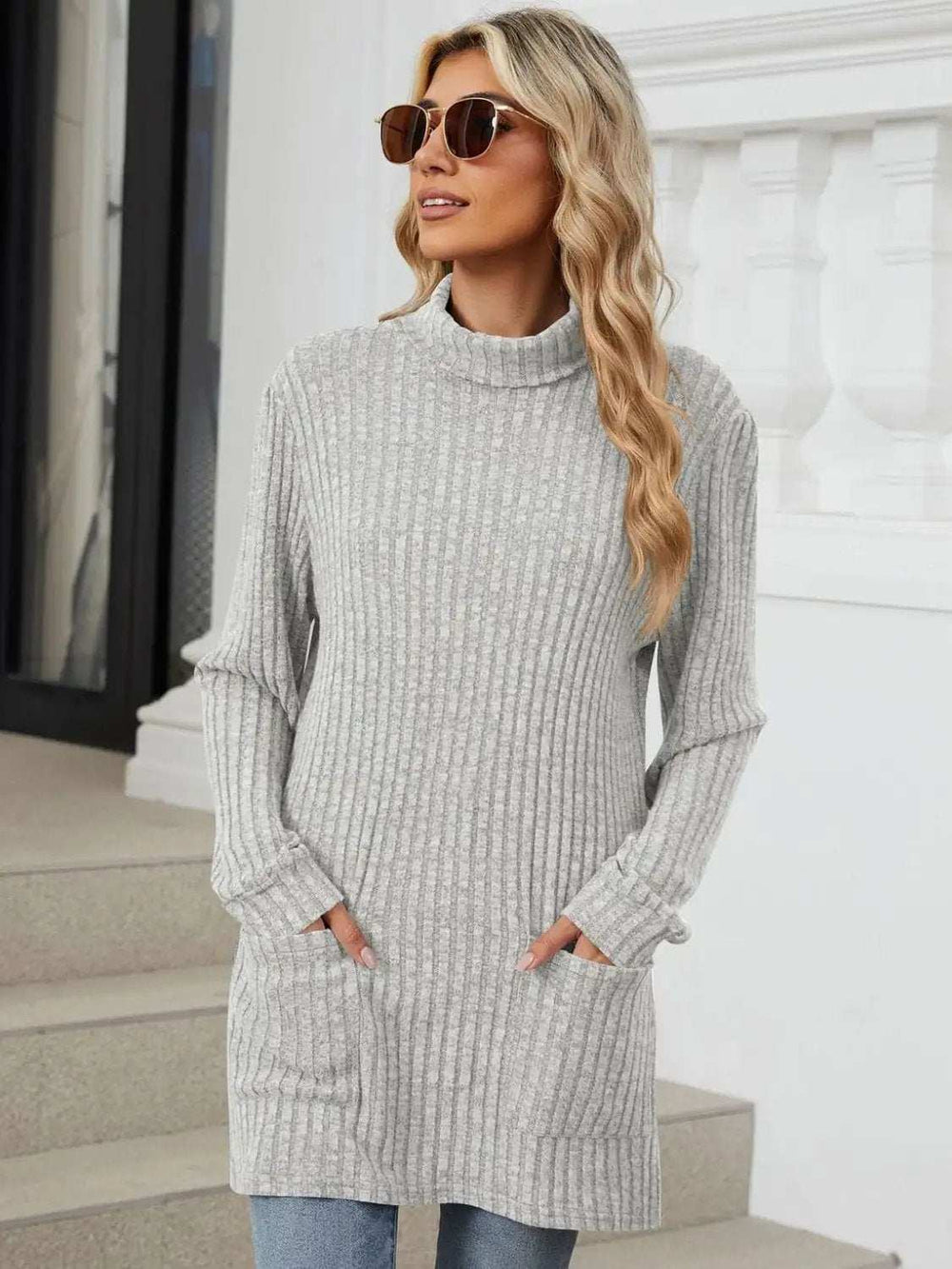 Ribbed Mock Neck Long Sleeve T-Shirt - Trendsi - Flyclothing LLC