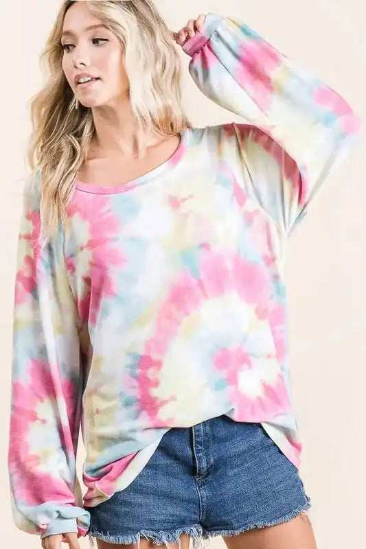 BiBi Tie Dye Print Terry Top With Puff Sleeves - Trendsi - Flyclothing LLC