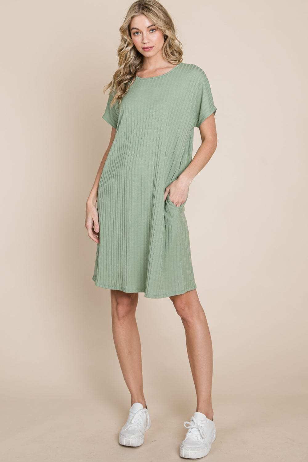 BOMBOM Ribbed Round Neck Short Sleeve Dress - Trendsi - Flyclothing LLC