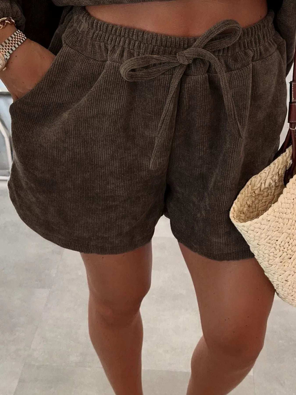 Casual Corduroy Long Sleeve Top and Drawstring Shorts Set - Trendsi - Flyclothing LLC