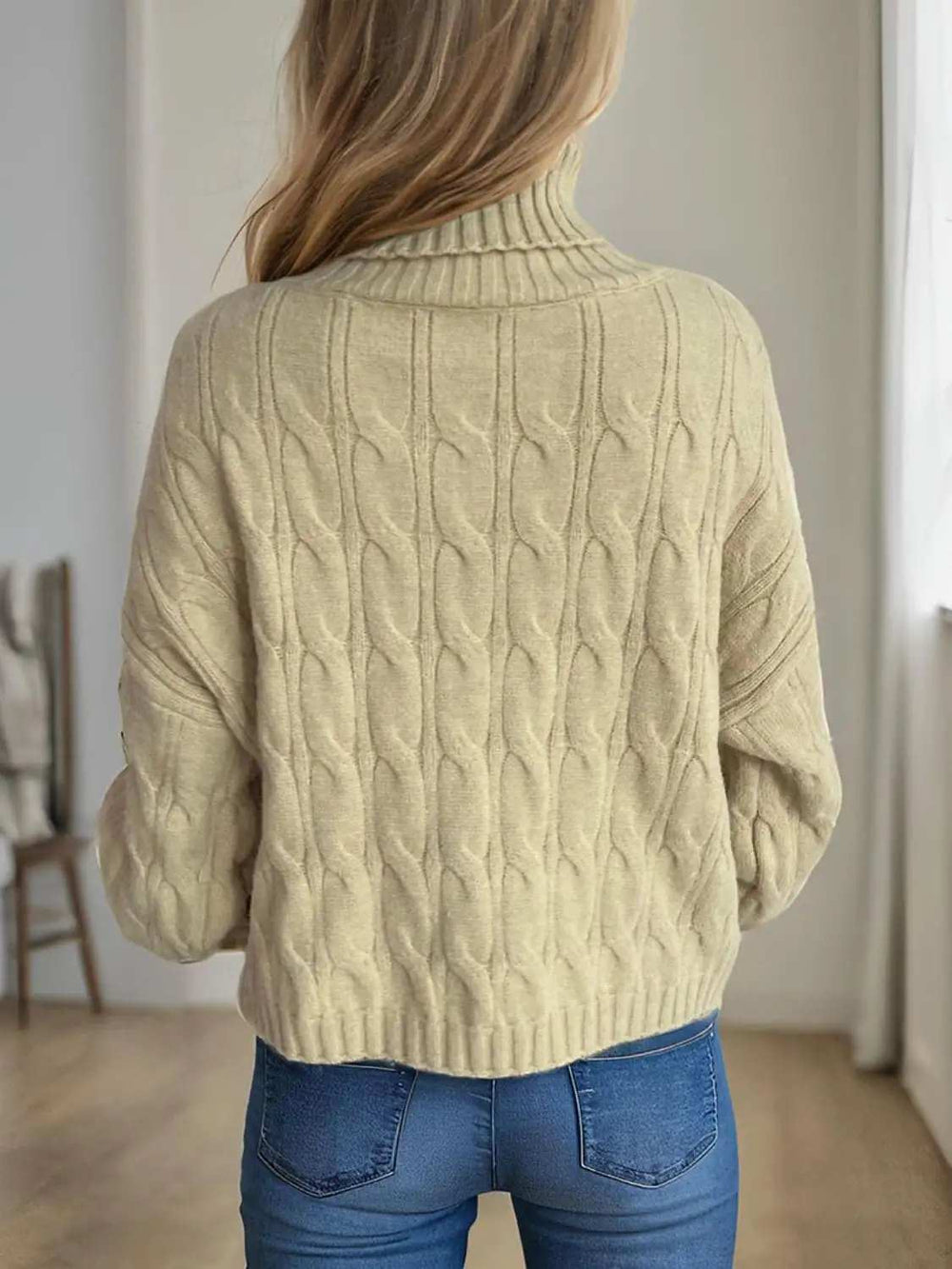 Cable-Knit Turtleneck Long Sleeve Sweater - Trendsi - Flyclothing LLC