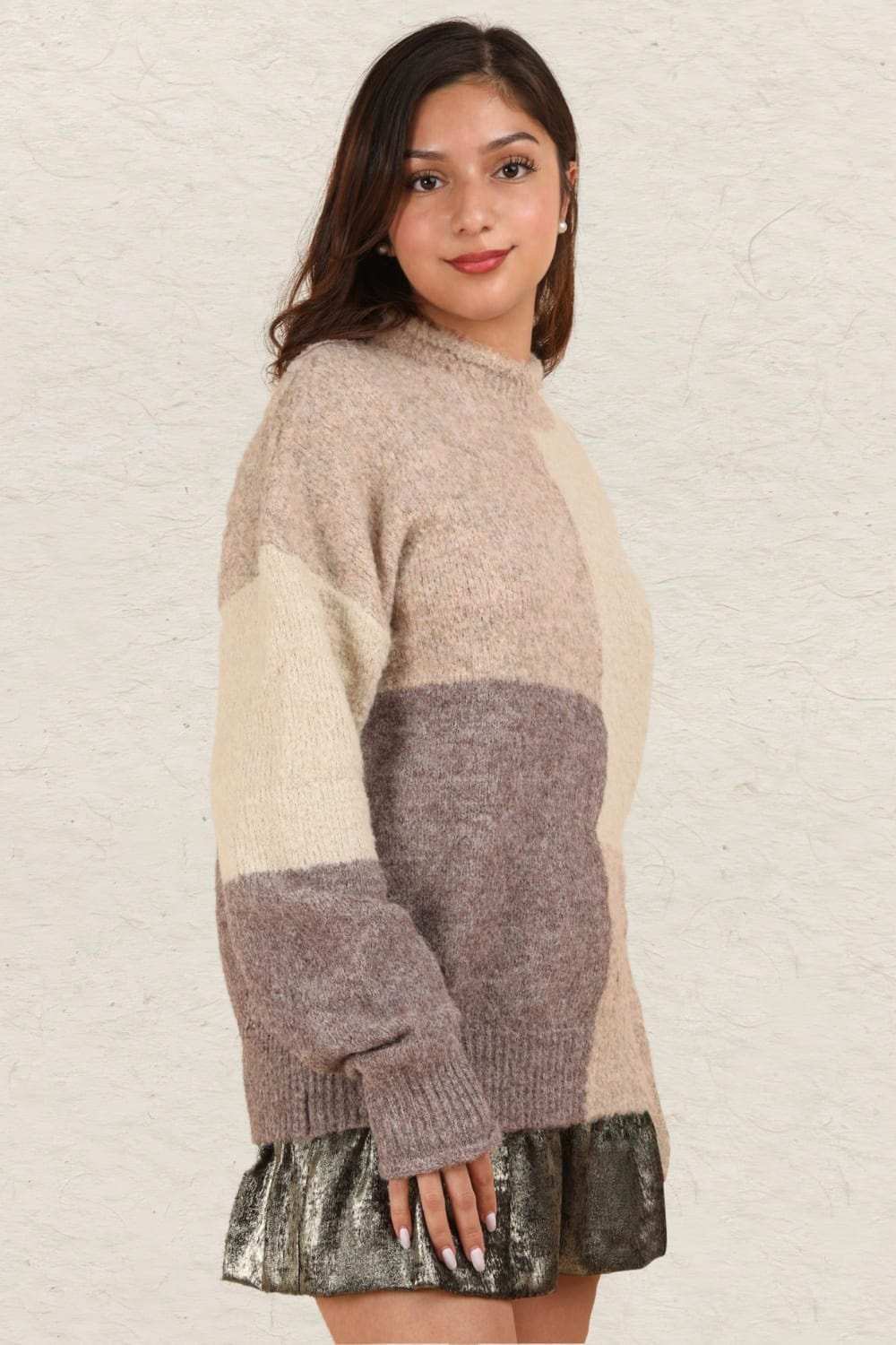 VERY J Color Block Mock Neck Drop Shoulder Sweater - Trendsi - Flyclothing LLC