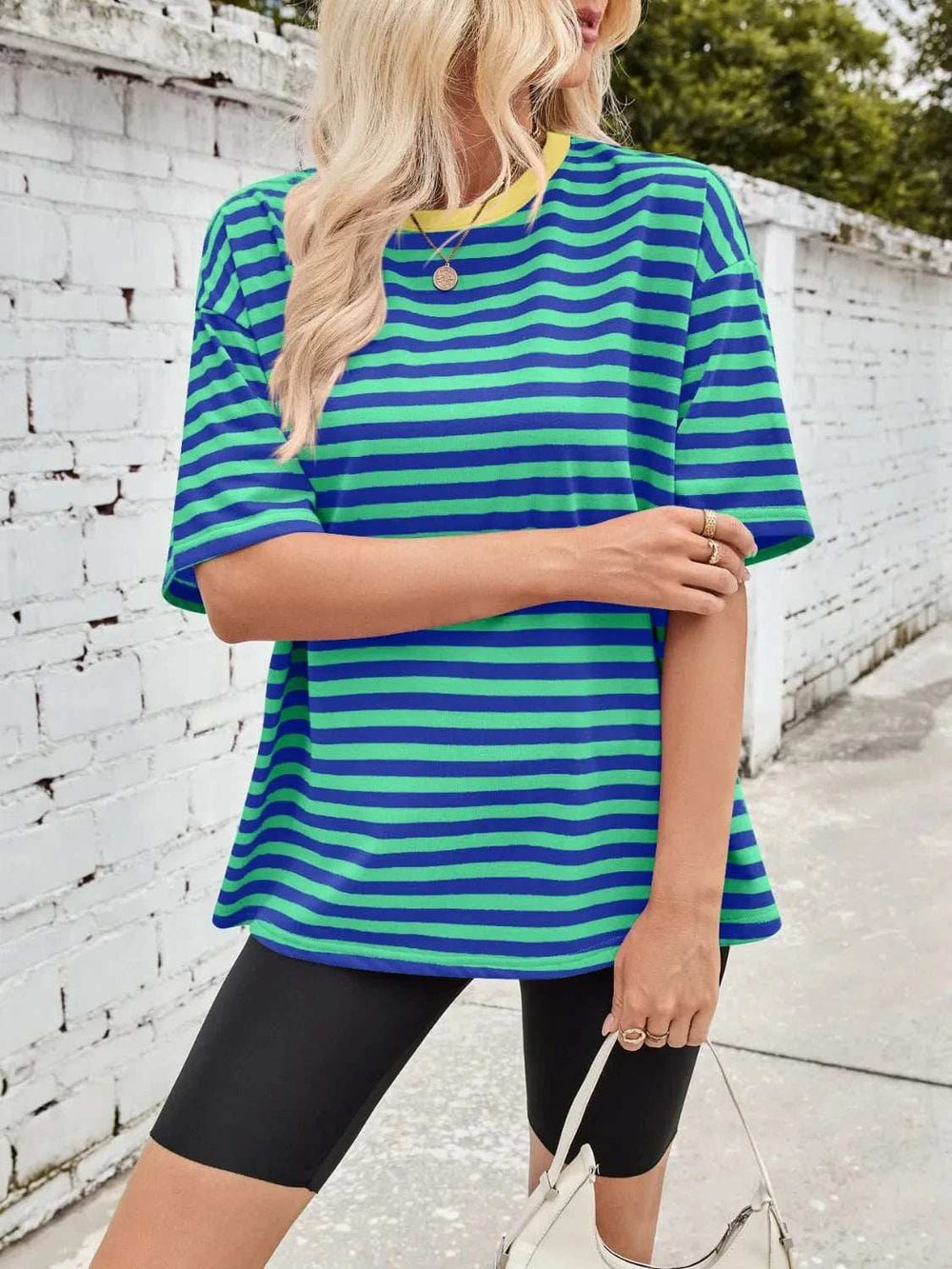 Contrast Striped Round Neck T-Shirt - Trendsi - Flyclothing LLC