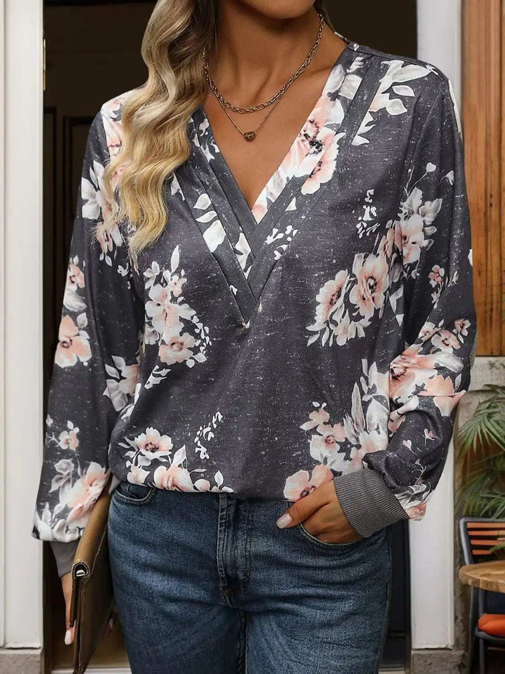 Printed V-Neck Long Sleeve Sweatshirt - Trendsi - Flyclothing LLC