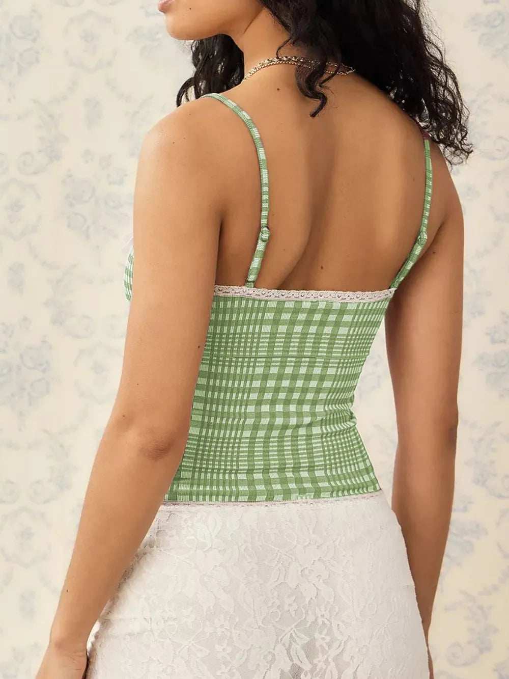 Lace Detail Plaid Square Neck Cami - Trendsi - Flyclothing LLC