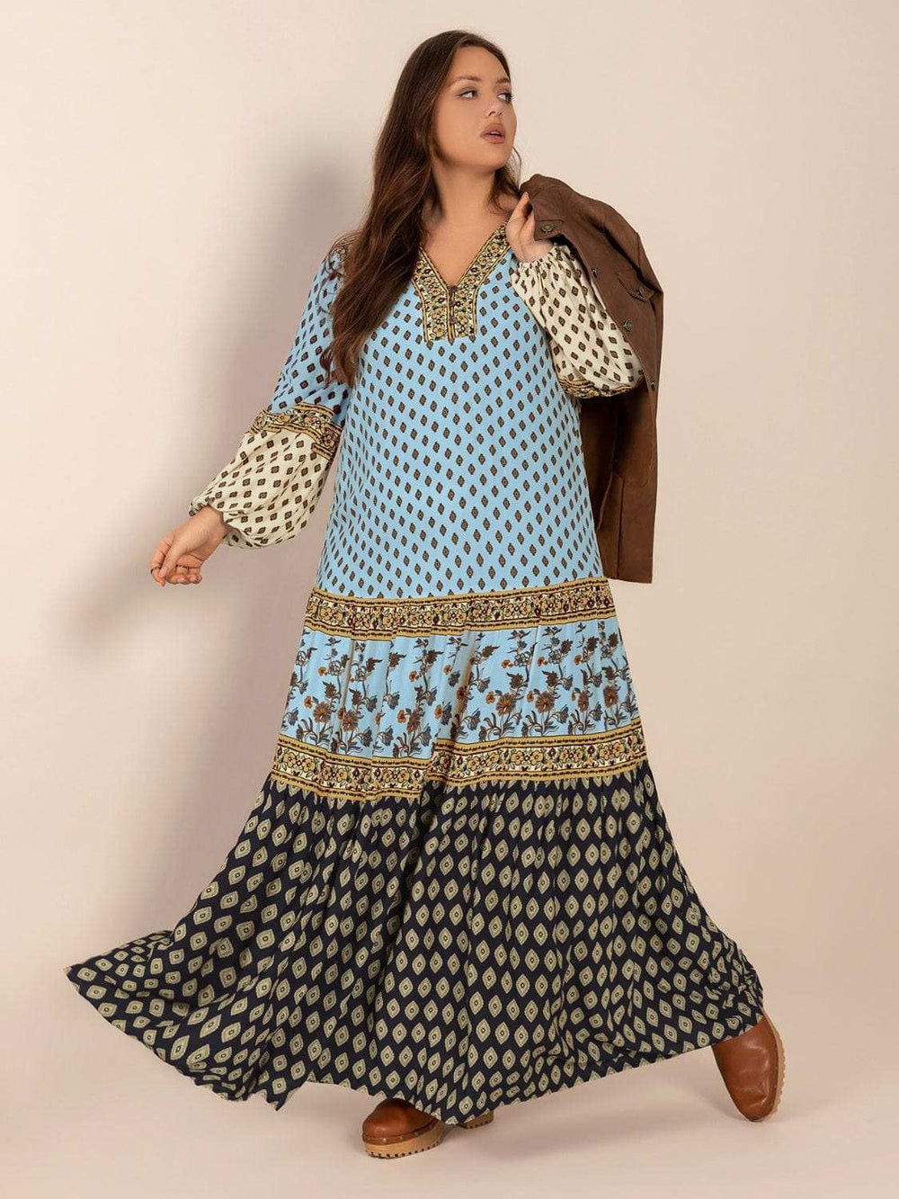 Plus Size Printed V-Neck Balloon Sleeve Maxi Dress - Trendsi - Flyclothing LLC