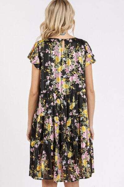 Mittoshop Flower Print Round Neck Flutter Sleeve Tiered Dress - Trendsi - Flyclothing LLC