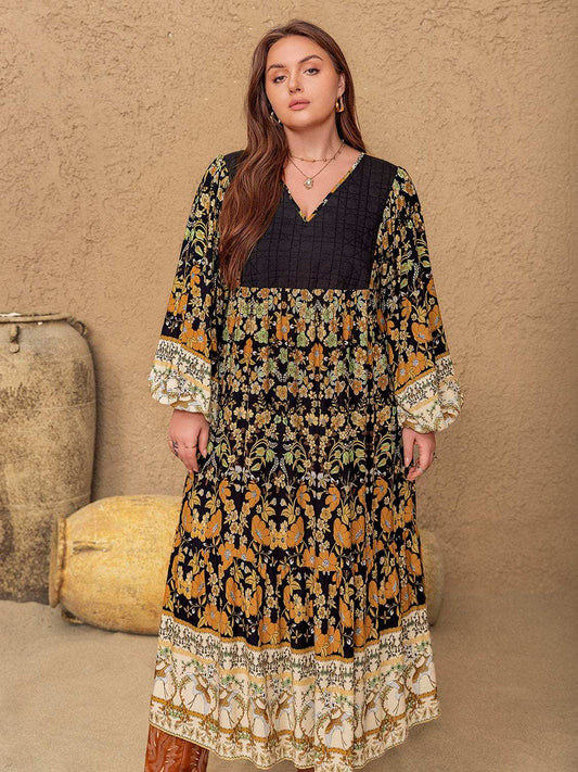 Plus Size Floral V-Neck Balloon Sleeve Midi Dress - Trendsi - Flyclothing LLC